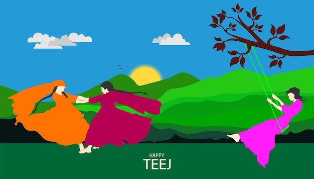 Vector Illustration of Teej Festival india woman swinging on a tree