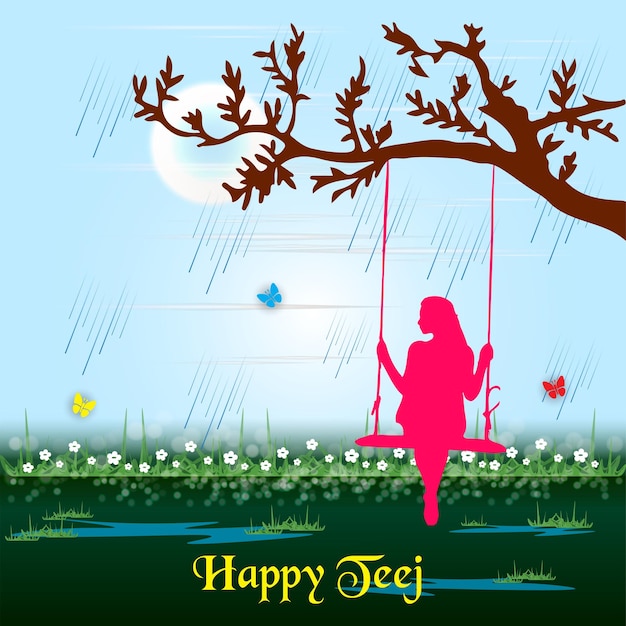Illustrazione vettoriale di teej festival india. donna con swing.-vettore