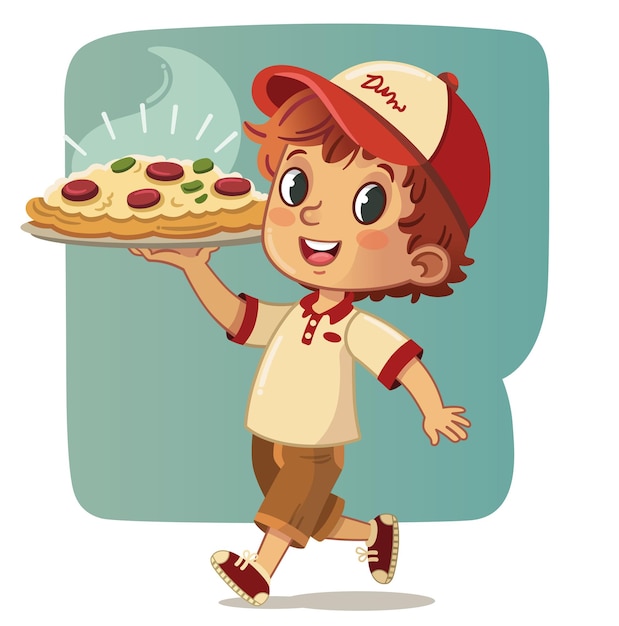 Vector vector illustration of a teenage boy carrying a pizza pizza delivery boy