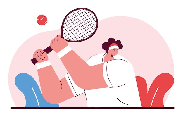 テニスボールを打つためにラケットを振るテニス選手のベクトルイラスト