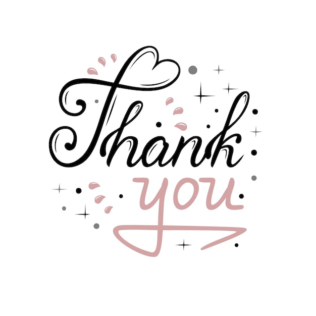 Vector illustration Thank you lettering in black and pink with decor on a white background