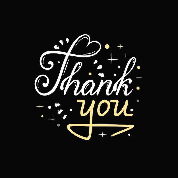 Vector illustration Thank you lettering in white and yellow with decor on a black background