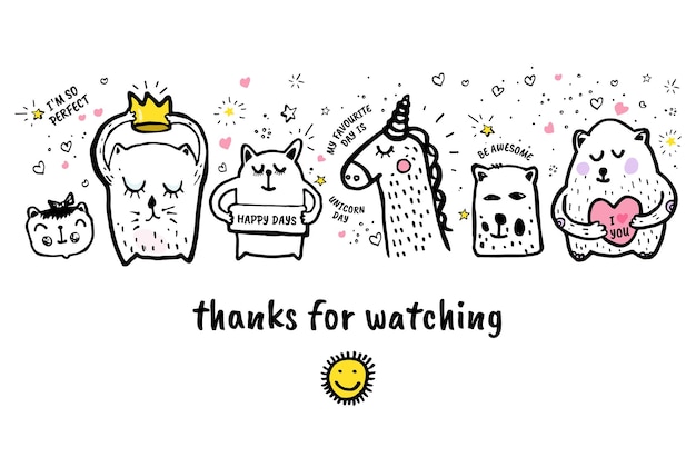 Vector vector illustration thanks for watching cover banner template for your video blog article presentation trendy background with text and elements star heart animals
