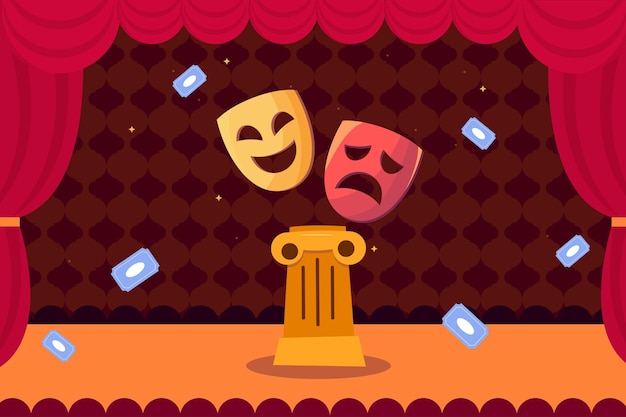 Vector illustration of a theater symbol theater masks Cartoon scene of beautiful theatrical masks comic and tragic decorative red curtain hall with audience seats tickets floor Greek column
