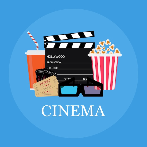 Vector illustration on the theme of the cinema Ticket popcorn soda glasses