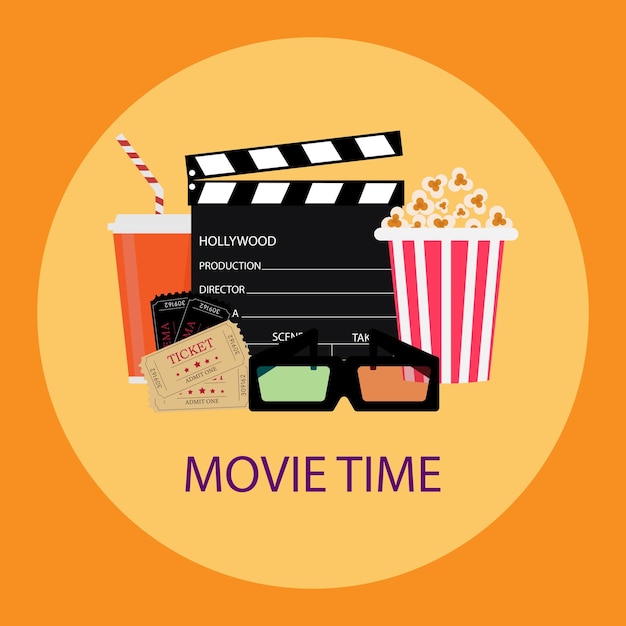 Vector illustration on the theme of the cinema Ticket popcorn soda glasses