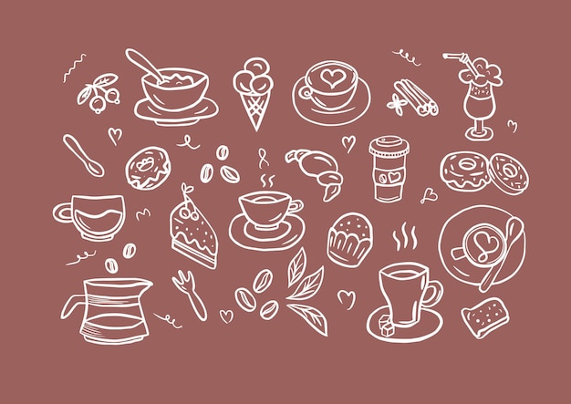 Illustrazione vettoriale sul tema del caffè e dei dessert collezione di caffè in stile doodle