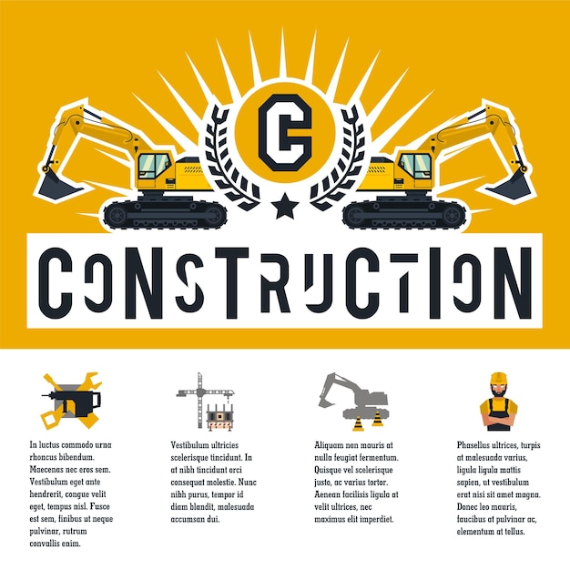 Vector illustration on the theme of a construction site Icons of tools equipment worker technology Template for text Banner with the production of information Advertising company Flat style