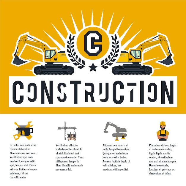 Illustrazione vettoriale sul tema di un cantiere icone di strumenti attrezzatura lavoratore tecnologia modello per testo banner con la produzione di informazioni società pubblicitaria stile piatto