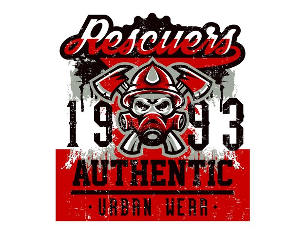 Vector illustration on the theme of rescuers fire department a skull in a fireman s helmet axes Grunge effect text inscription Typography Tshirt graphics print banner poster flyer