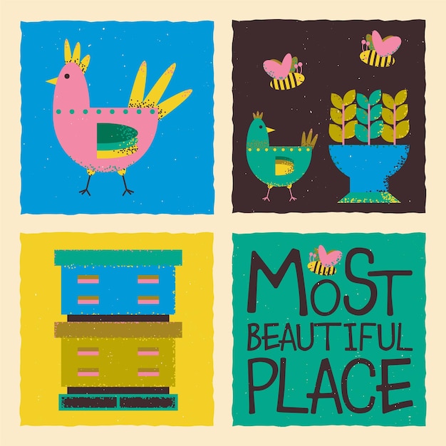 Vector illustration on the theme of the village Square template with text the most beautiful place beehives and bees bird chicken potted plants