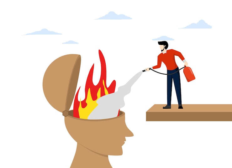 Vector vector illustration therapy to cool the mind or burning anger with fire extinguishing character