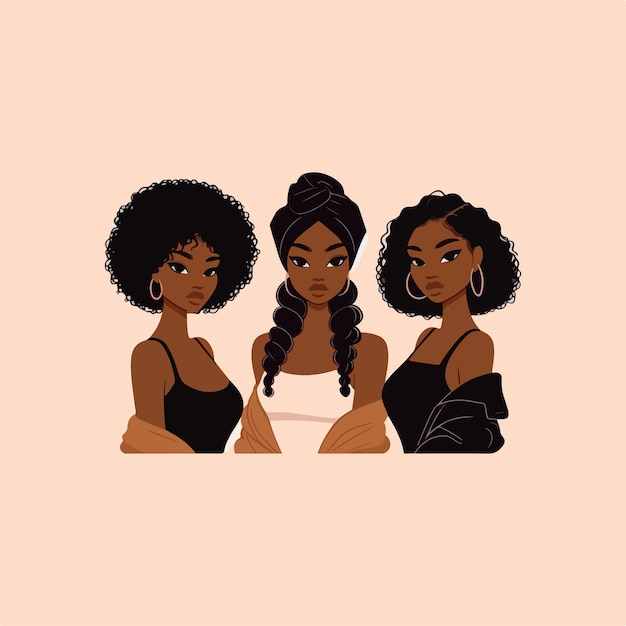 Vector illustration of three black girls in dynamic pose ai generated