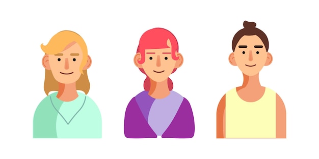 Illustrazione vettoriale di tre persone tre ragazze con i capelli gialli in un prendisole di insalata la seconda con i capelli rosa informali in un abito viola la terza con una crocchia in un abito giallo chiaro stile disegnato