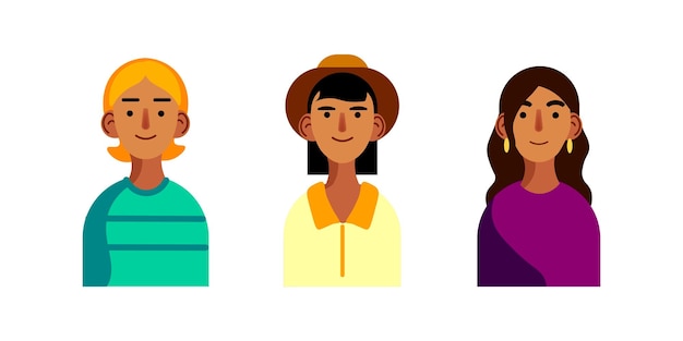 Vector vector illustration of three people three women one in a panama hat and yellow tshirt the second in purple the third in green striped drawn style for business and advertising