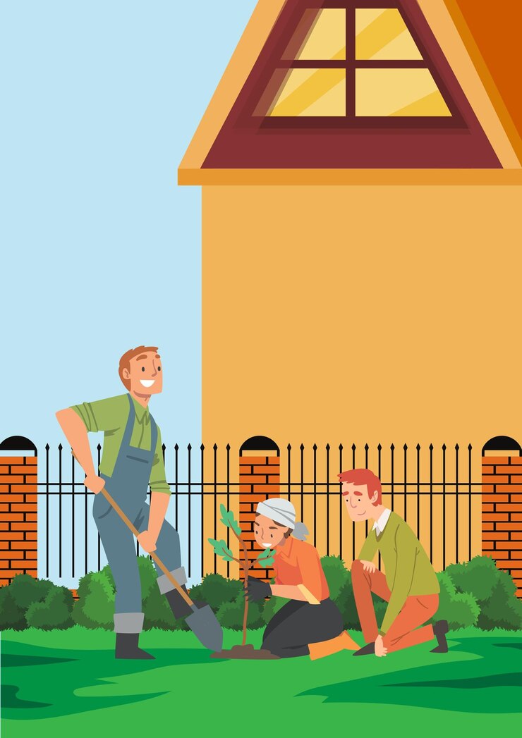 Vector vector illustration three people working together planting plants