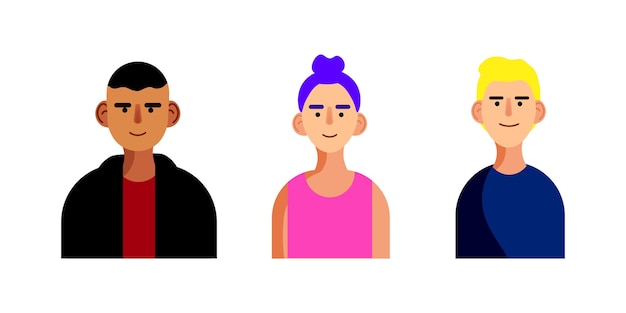 Vector illustration of three people a young guy in a black sweatshirt with a short haircut a girl with blue hair and a pink dress a boy with yellow hair drawn style for business and advertising