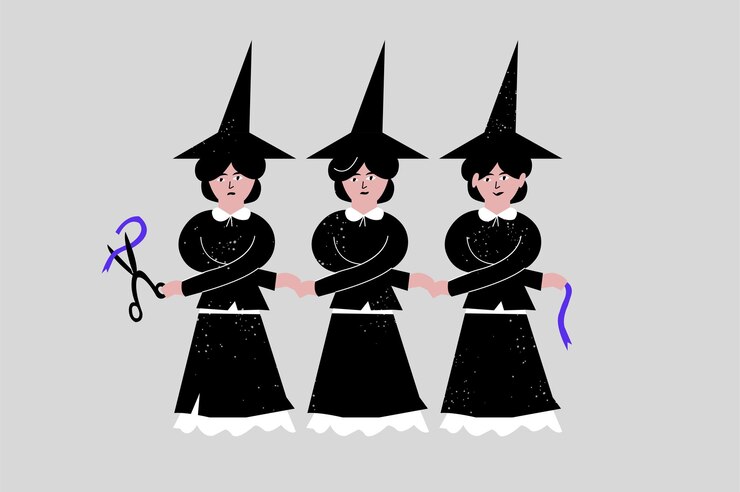 Vector 삼각형 모자를 입은 세 명의 젊은 마녀들이 서로 손을 잡고 있는  ⁇ 터 일러스트레이션