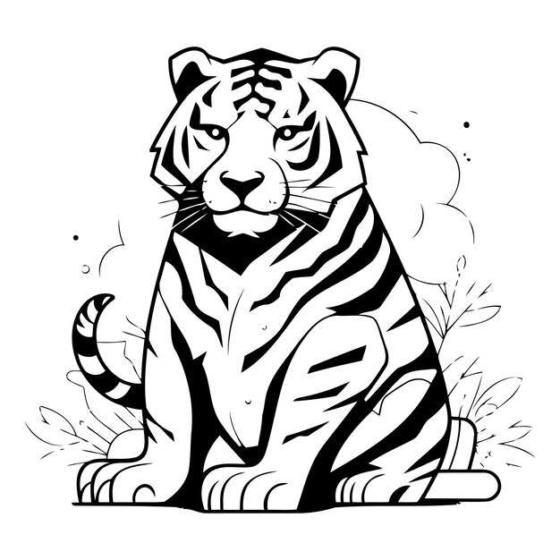 Vector illustration of a tiger sitting on the ground and looking at the camera