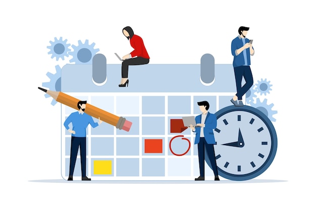 Vector illustration of time management concept with man and woman sitting and standing at calendar