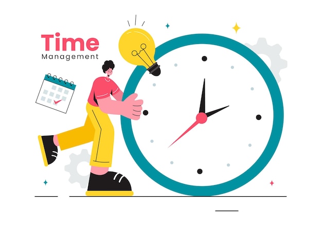 vector illustration of time management with clock controls and task planning training activities and schedule in a flat cartoon style background