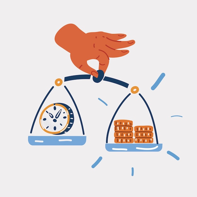 Vector illustration of time and money on scales in hand