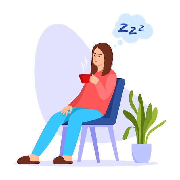 Vector vector illustration of a tired girl cartoon scene with a tired exhausted girl sitting on a chair with a cup of hot drink and wanting to sleep isolated on a white background