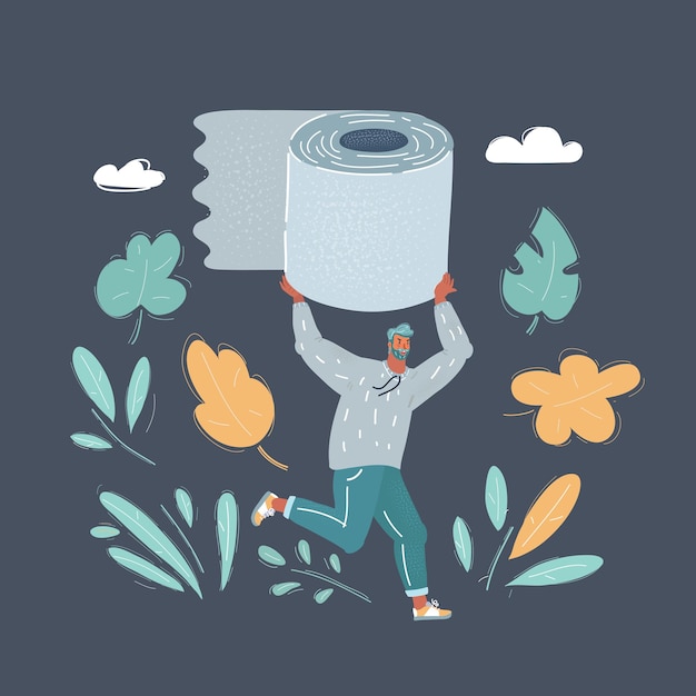 Illustrazione vettoriale di grande rotolo di carta igienica nelle mani dell'uomo che corre