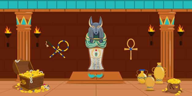 Vector illustration of the tomb of the pharaoh in cartoon style an ancient room with gold in chests bags and pots illuminating with torches ancient egyptian symbols and culture