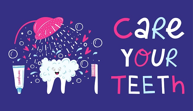 Vector vector illustration on the topic of brushing teeth and daily oral hygiene pediatric dentistry cool