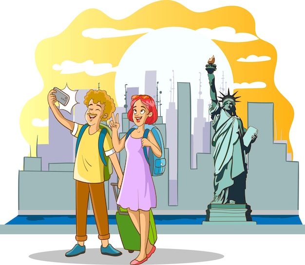 Vector vector illustration of tourist couple taking a selfie at america.statue of liberty.