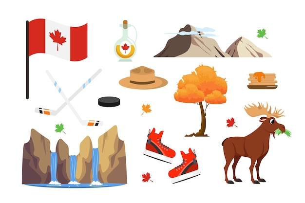 Vector vector illustration of tourist items in canada collection of national canadian symbols icons and attractions set of design elements from flag mountains maple elk hat sticks in ethnic style