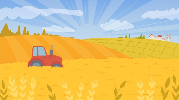 Vector vector illustration of a tractor in a field of wheat