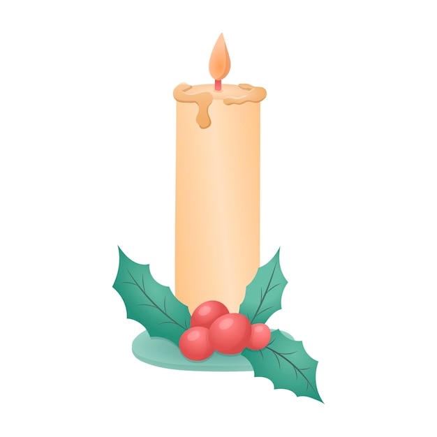 Vector illustration of traditional Christmas candle with holly branch with leaves and red berries.