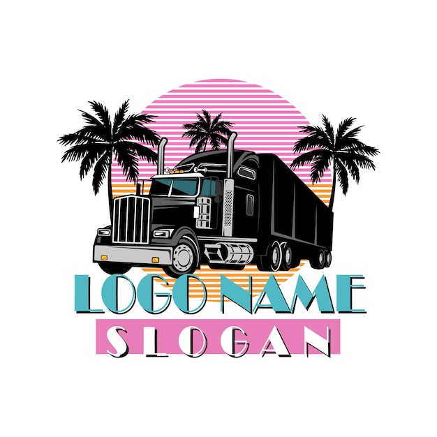Vector illustration transporter truck, with palms, sunset for t-shirt print