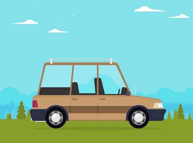 Vector vector illustration of a travel car with luggage isolated on color background