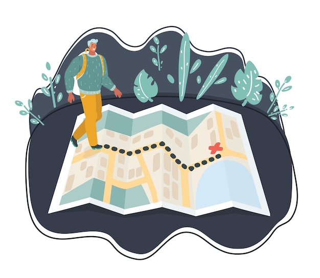 Vector illustration of Traveler man using map on dark background