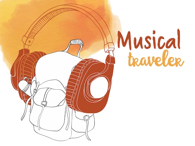 Vector illustration of travelers backpack with big earphones