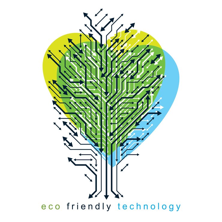 Vector vector illustration of tree in the shape of heart created with wireframe and arrows as branches. green innovations theme.