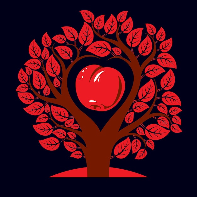 Vector illustration of tree with branches in the shape of heart with an apple inside, love and motherhood idea image. Ecology conservation theme illustration.