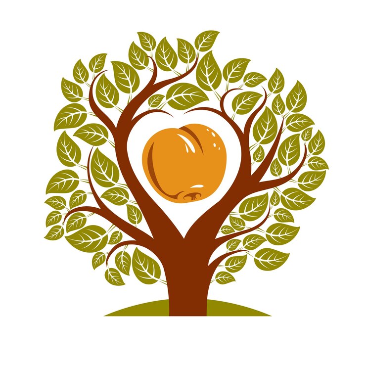 Vector vector illustration of tree with branches in the shape of heart with an apple inside, love and motherhood idea image. tree of life theme illustration.