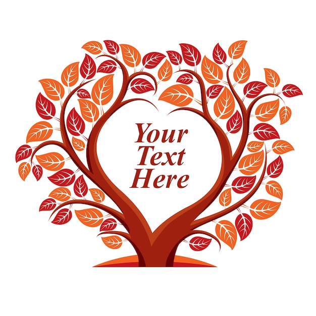 Vector illustration of tree with leaves and branches in the shape of heart with blank copy space. Love and motherhood idea image. You are free to write your text here.