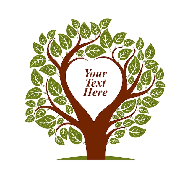 Vector illustration of tree with leaves and branches in the shape of heart with blank copy space. Your text here.