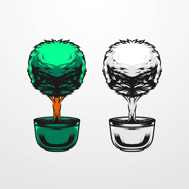 Vector vector illustration of a tree with a vase isolated in vintage, old, monochrome style. suitable for t-shirts, prints, logos and other apparel products