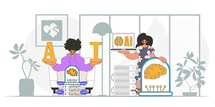 Vector vector illustration of trendy guy and girl ai team.