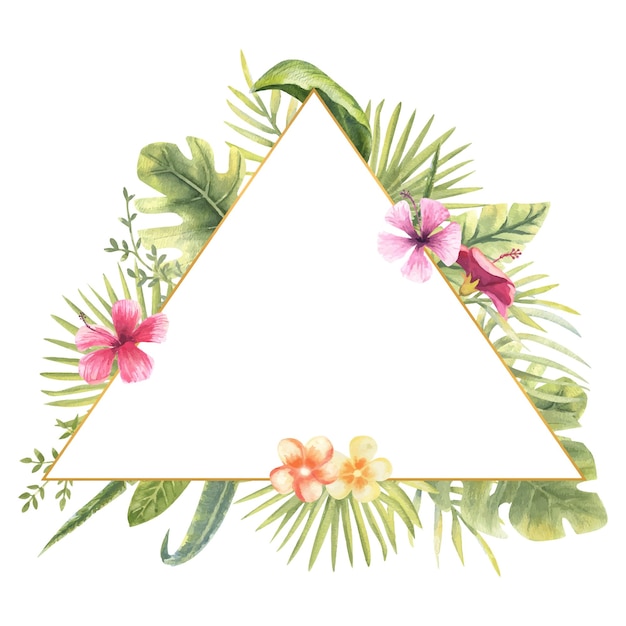 Vector illustration of a triangular frame with tropical plants Monster banana leaves hibiscus etc Floral watercolor For the design of greeting cards invitations