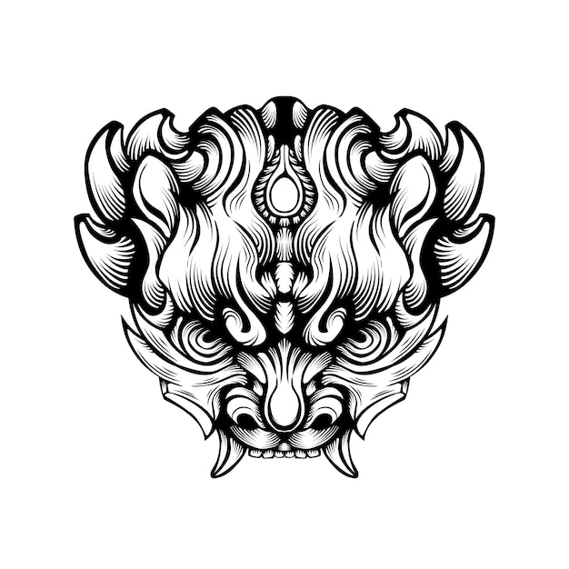 Vector illustration of tribal hand drawn Japanese oni mask