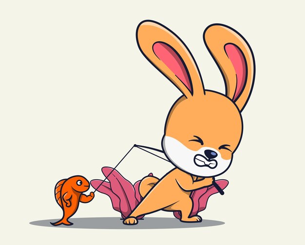 Vector vector illustration of a tugofwar rabbit with a fishing rod