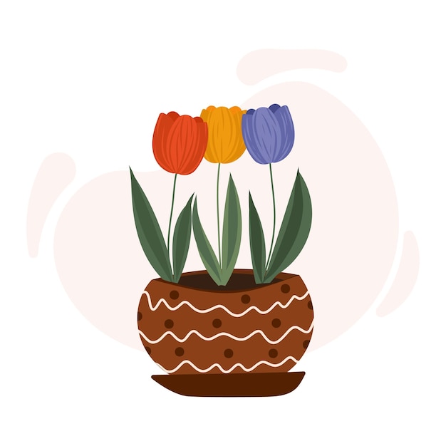 Vector vector illustration of tulip in pot with pink spot on isolated background