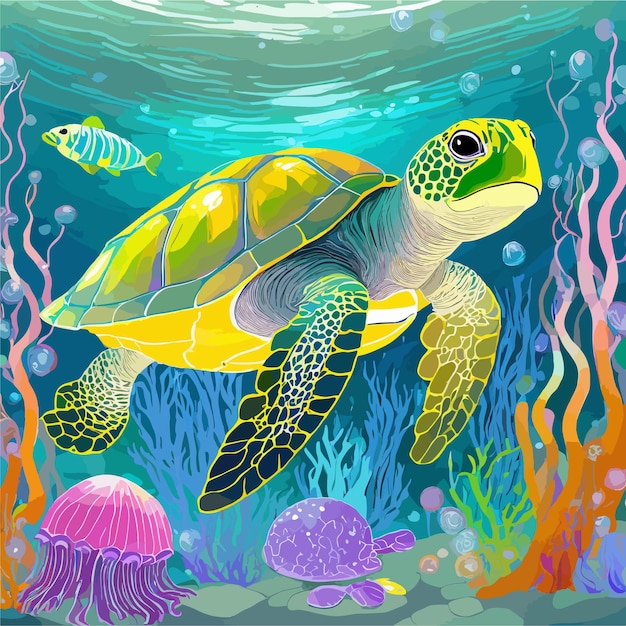 Vector vector illustration of a turtle in the sea